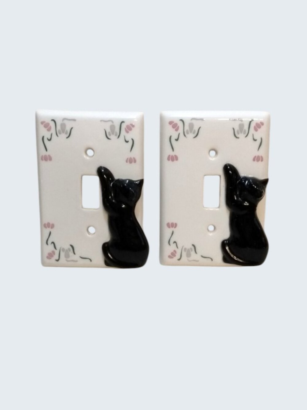 Pair Of Vin. "All Fired Up" White With 3D Black Cat Single Light Switch Covers